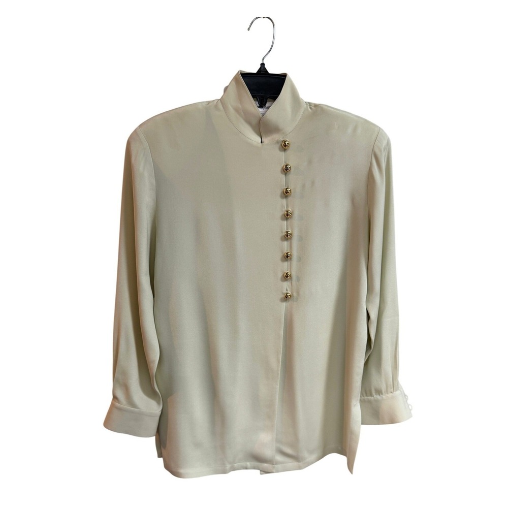 Neiman Marcus Silk Blouse Mock Neck Green S Vintage Luxe Oversized 80s 90s